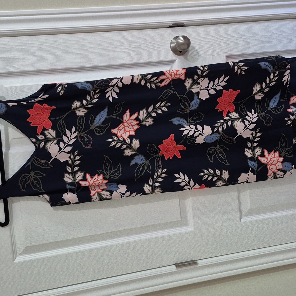 REITMANS floral dress, sleeveless, V neck, lined, navy, coral, blue, cream, S/P